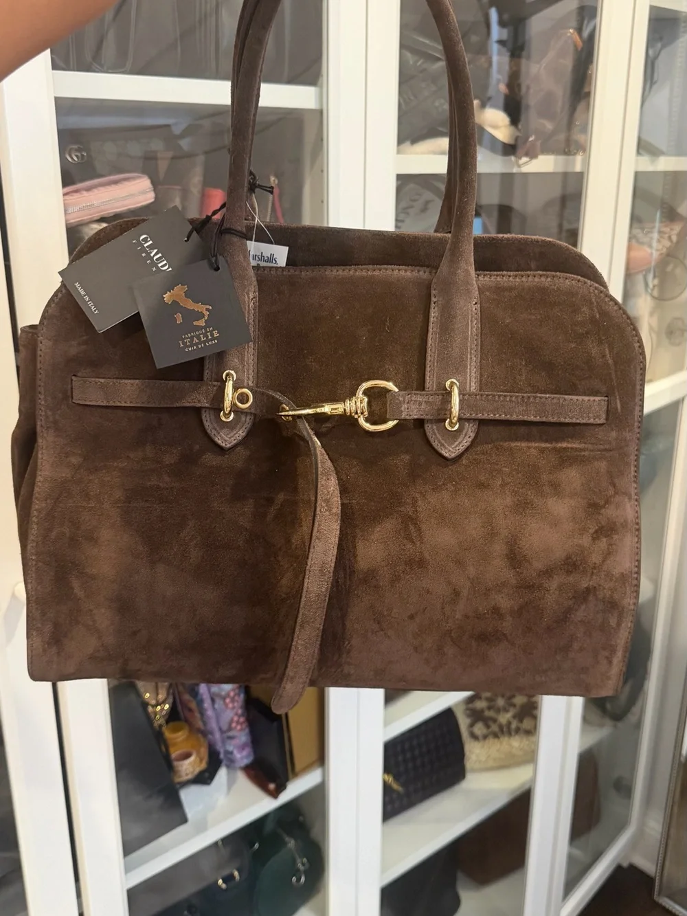 Suede Satchel Handbag in Dark Brown with Gold-Tone Hardware
